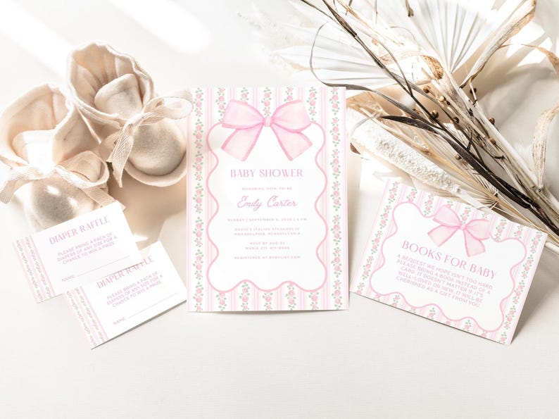 Pink Bow Baby Shower Invitation Bundle, Floral Grandmillennial Baby Shower Set, Coquette Bow Invite, Editable Canva Template image 4