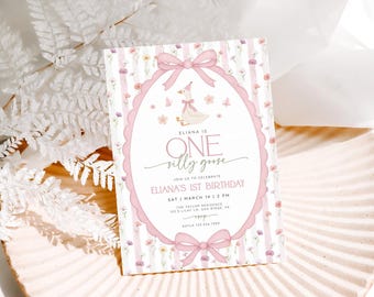 Eine Dumme Gans Geburtstagseinladung, Mädchen zum 1. Geburtstag einladen, Rosa Schleife Blumengans, bearbeitbare Canva Vorlage