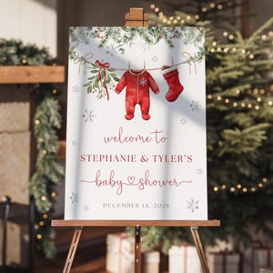 Santa Baby Shower Willkommen Schild | Baby Shower Schild mit Namen Fröhliche Kleine Babyparty | Baby-Wäscheleine | Sofort Download