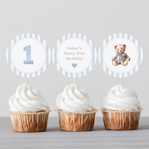 Teddy Bear Cupcake Toppers | Beary 1st Birthday | Blue Grandmillennial Boy Birthday Party Decor | Instant Download