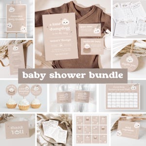 May include: A baby shower bundle with a light brown and white color scheme. The bundle includes a variety of printable items such as invitations, thank you cards, cupcake toppers, and games. The theme of the baby shower is "a little dumpling is on the way".