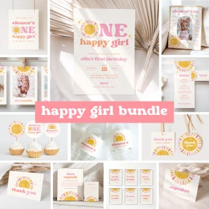 One Happy Girl Sun 1st Birthday Invitation Bundle | Boho Retro Sunshine Girl First Birthday Decor | Instant Download