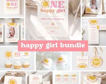 One Happy Girl Sun 1st Birthday Invitation Bundle | Boho Retro Sunshine Girl First Birthday Decor | Instant Download
