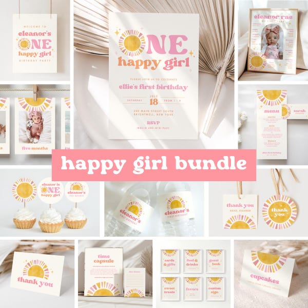 One Happy Girl Sun 1st Birthday Invitation Bundle, Boho Retro Sunshine Girl First Birthday Decor, Editable Canva Template