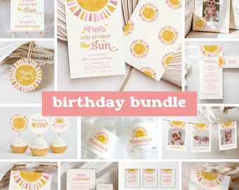 Puede incluir: Un paquete de imprimibles para una fiesta de cumpleaños con temática de sol y estrellas. El paquete incluye una variedad de artículos, como invitaciones, tarjetas de agradecimiento, adornos para cupcakes, etiquetas para botellas de agua y una cápsula del tiempo. Los colores son amarillo, rosa y blanco.