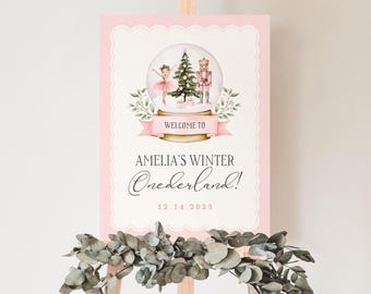 Rosa Nussknacker-Einladung, Winter Onederland Mädchen 1.Geburtstag, Pastell-Weihnachtsfeier einladen, bearbeitbare Canva-Vorlage