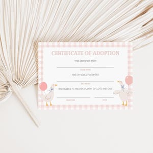 Puede incluir: Un certificado de adopci&oacute;n de gingham rosa y blanco con un ganso de dibujos animados que sostiene un globo rosa. El texto dice "Esto certifica que (tu nombre) ha adoptado oficialmente a (nombre de la mascota) y se compromete a brindar mucho amor y cuidado." Hay l&iacute;neas en blanco para la firma y la fecha.
