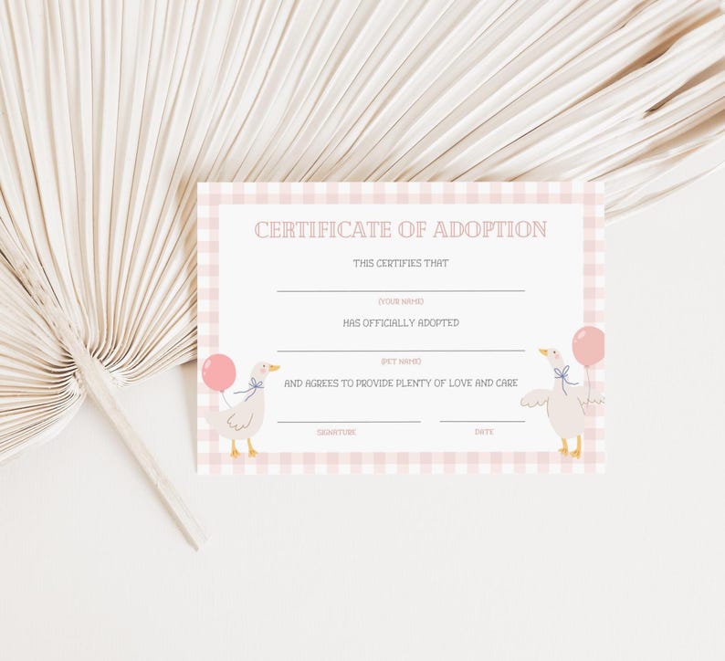 Puede incluir: Un certificado de adopci&oacute;n de gingham rosa y blanco con un ganso de dibujos animados que sostiene un globo rosa. El texto dice "Esto certifica que (tu nombre) ha adoptado oficialmente a (nombre de la mascota) y se compromete a brindar mucho amor y cuidado." Hay l&iacute;neas en blanco para la firma y la fecha.