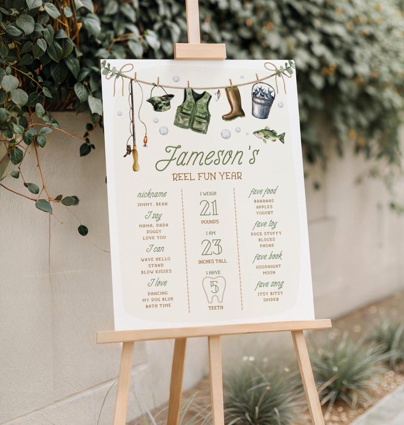 May include: A green and brown illustrated poster with a fishing theme. The poster is titled "Jameson's Reel Fun Year" and includes details about the child's age, weight, height, and favorite things. The poster is decorated with fishing rods, a fishing vest, boots, and a bucket.