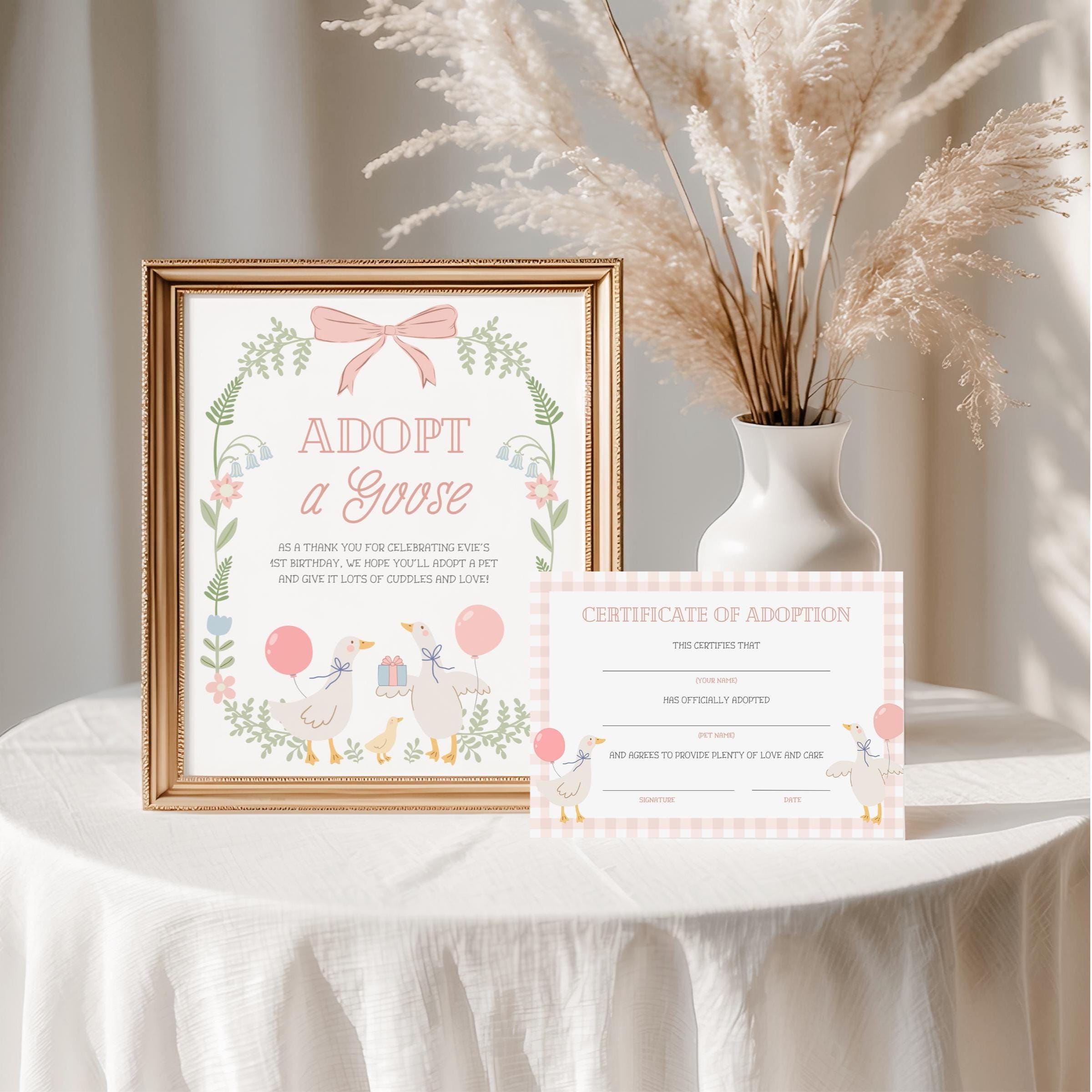 One Silly Goose Adoption Sign & Certificate | Editable Adopt a Goose Sign | Grandmillennial Floral Pink Bow 1st Birthday | Instant Download
