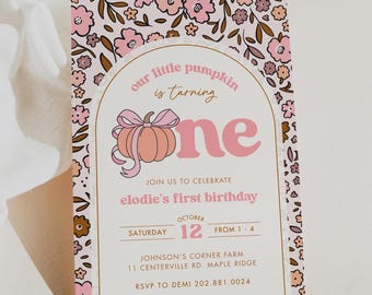 Coquette Pumpkin 1st Birthday Invitation, Sweet Little Pumpkin Editable Invitation, Pink & Gingham Autumn Birthday Decor, Instant Download