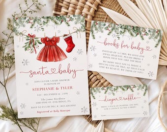 Santa Baby Shower Invitation Bundle | Girl Winter Christmas Holiday Baby Shower Invite Set | Watercolor Baby Clothesline | Instant Download