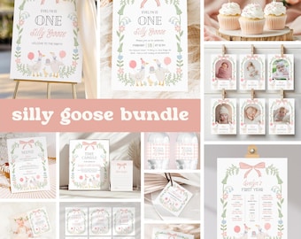 One Silly Goose 1st Birthday Invitation Bundle | Floral Pink Bow Geese First Birthday Decor | Instant Download