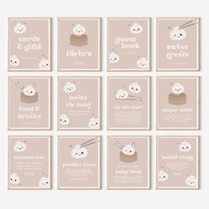 May include: Ten printable signs for a baby shower with a dumpling theme. The signs are beige with a white border and feature illustrations of dumplings with faces. The signs include text such as "cards & gifts", "favors", "guest book", "sweet treats", "food & drinks", "books for baby", "diaper raffle", "momosa bar", "pacifier hunt", and "guess the baby food".