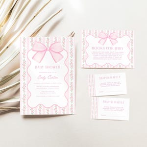 Conjunto de convites para chá de bebê com laço rosa, conjunto floral Grandmillennial para chá de bebê, convite com laço coquete, modelo editável do Canva