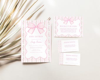 Pink Bow Baby Shower Invitation Bundle, Floral Grandmillennial Baby Shower Set, Coquette Bow Invite, Editable Canva Template