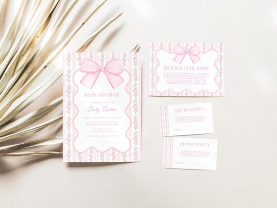 Pink Bow Baby Shower Invitation Bundle, Floral Grandmillennial Baby Shower Set, Coquette Bow Invite, Editable Canva Template