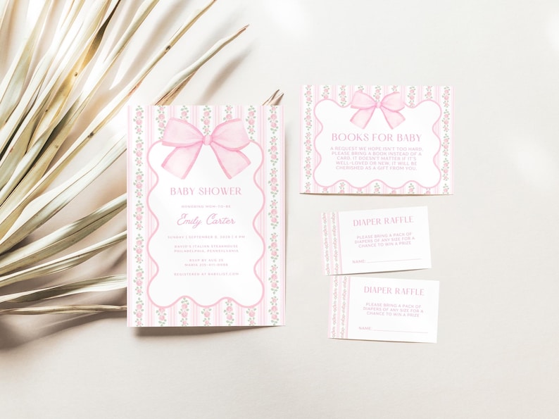 Pink Bow Baby Shower Invitation Bundle, Floral Grandmillennial Baby Shower Set, Coquette Bow Invite, Editable Canva Template image 1