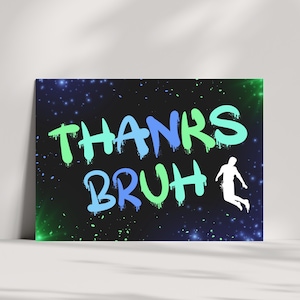 Tarjeta de agradecimiento de cumpleaños con grafiti brillante para saltar / Plantilla de tarjeta de agradecimiento editable para fiesta en el parque de trampolines Bruh / Descarga instantánea