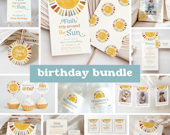 First Trip Around the Sun Invitation Bundle | Boho Retro Sun Boy 1st Birthday Decor | Instant Download