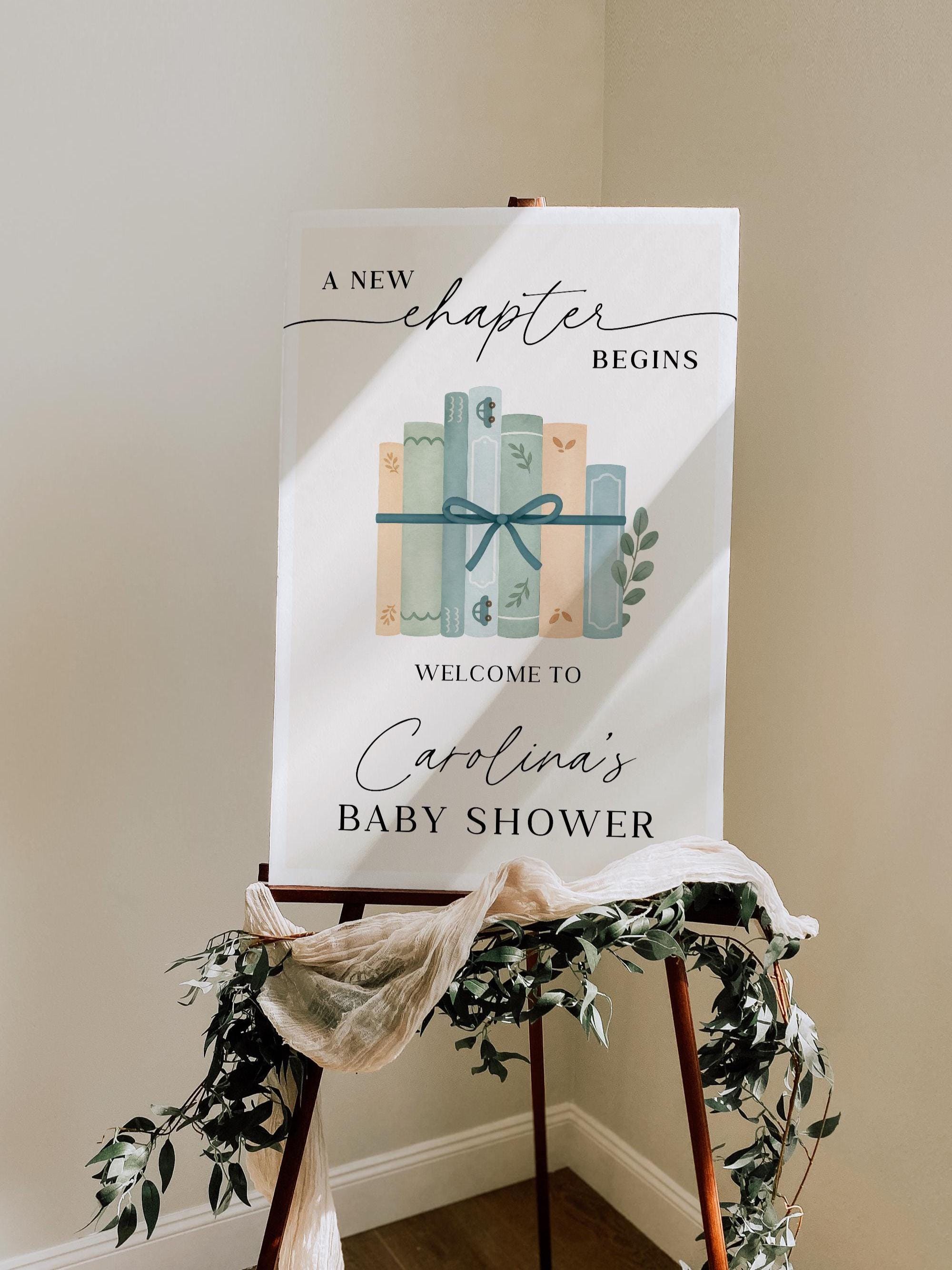First Chapter Welcome Sign A New Chapter Begins Storybook Baby Shower Welcome Sign | Blue Green ...