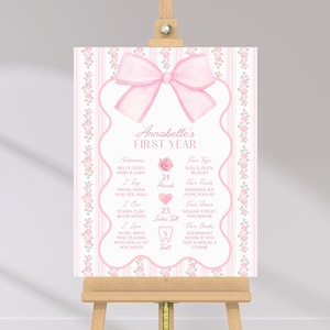 Cartel de hito de primer cumpleaños con lazo floral rosa vintage / Cartel de hito de primer cumpleaños con lazo elegante y coqueto / Cartel de primer año de niña / Descarga instantánea