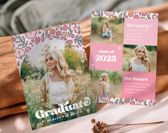 Bloemen roze afstudeeruitnodiging | Afstudeeraankondiging wilde bloemen | Bewerkbare sjabloon voor afstudeerfeest | Direct downloaden
