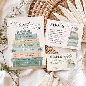 A New Chapter Begins Storybook Baby Shower Invitation Bundle, Blue Green Book Theme, Boy Baby Shower Invite, Editable Canva Template