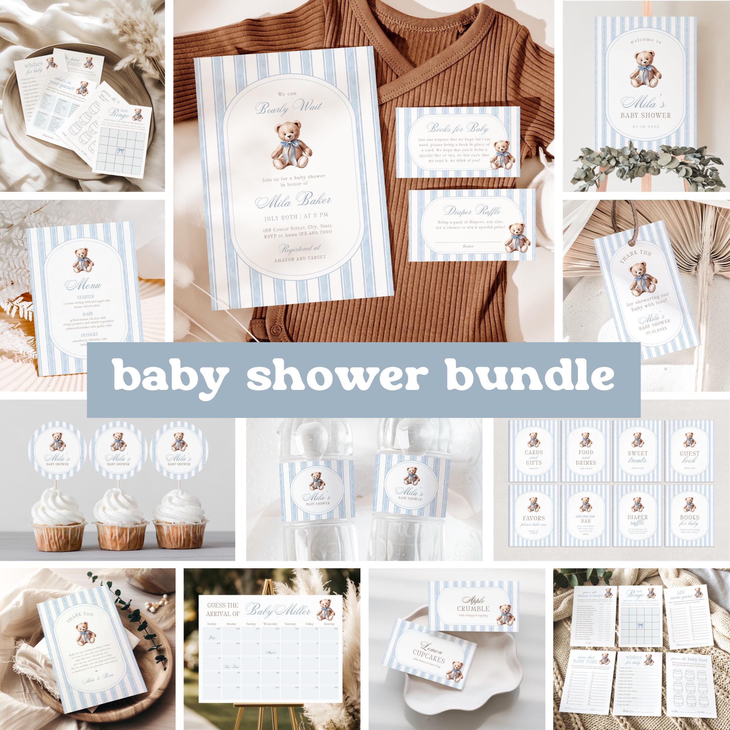 Teddy Bear Baby Shower Invitation Bundle | We Can Bearly Wait | Grandmillennial Boy Baby Shower Decor | Instant Download