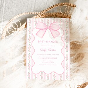 Pink Bow Baby Shower Invitation Bundle, Floral Grandmillennial Baby Shower Set, Coquette Bow Invite, Editable Canva Template image 2