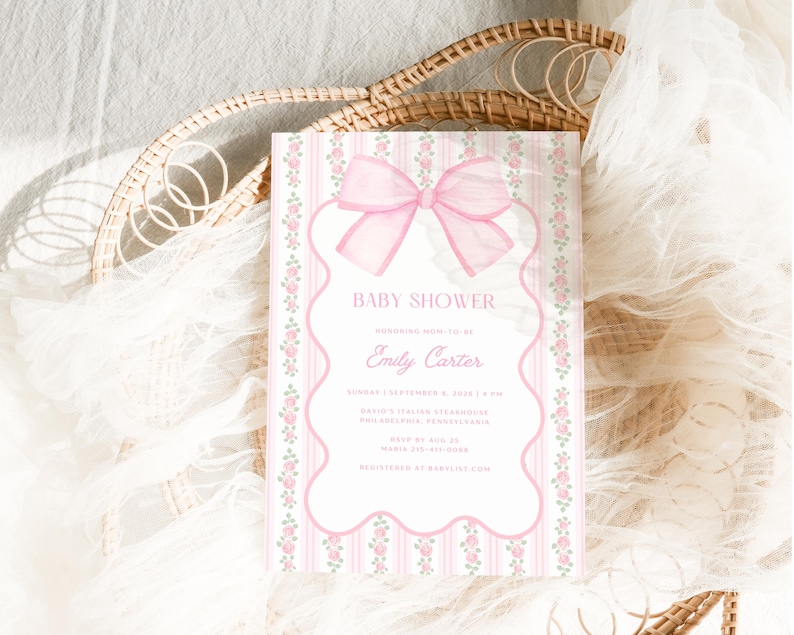 Pink Bow Baby Shower Invitation Bundle, Floral Grandmillennial Baby Shower Set, Coquette Bow Invite, Editable Canva Template image 2