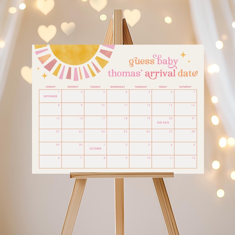 May include: A pink and yellow sun graphic with a calendar for September and October. The calendar has the text "guess baby thomas' arrival date" at the top.