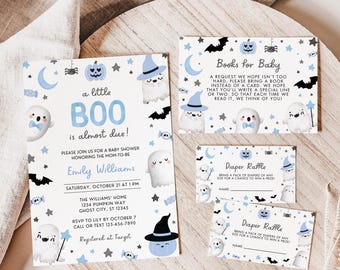 Little Boo Halloween Baby Shower Invitation Bundle | Cute Blue Ghost Baby Shower Invite | Instant Download
