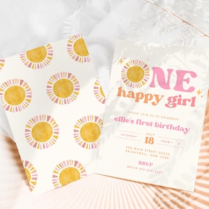 Une fille heureuse | Invitation premier anniversaire Boho Sun | Invitation minimaliste de fête d'anniversaire rétro | Téléchargement instantané