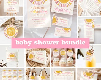 Paquete de invitaciones para baby shower con temática de sol / Decoración para baby shower de niña estilo boho retro / Pequeño rayo de sol / Descarga instantánea