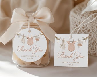 Boho Girl Clothesline Baby Shower Favor Tags | Watercolor Blush Pink Baby Clothes Thank You Tags | Instant Download