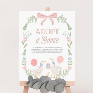 Puede incluir: Un cartel blanco con un lazo rosa y un borde floral. El cartel dice "Adopta un ganso" y tiene un mensaje agradeciendo a los invitados por celebrar el primer cumplea&ntilde;os de Evie. Dos gansos de dibujos animados sostienen un regalo y globos.