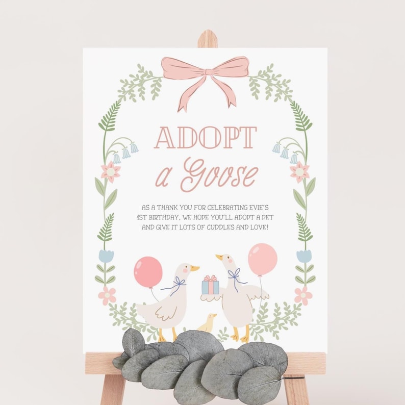 Puede incluir: Un cartel blanco con un lazo rosa y un borde floral. El cartel dice "Adopta un ganso" y tiene un mensaje agradeciendo a los invitados por celebrar el primer cumplea&ntilde;os de Evie. Dos gansos de dibujos animados sostienen un regalo y globos.