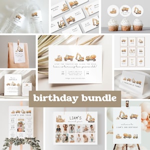 Peut inclure: Ensemble de fournitures de fête d'anniversaire sur le thème de la construction. Comprend des invitations, des décorations de cupcakes, des étiquettes de bouteilles d'eau, des étiquettes de remerciement et une affiche de bienvenue. Le thème présente des illustrations de véhicules de chantier.