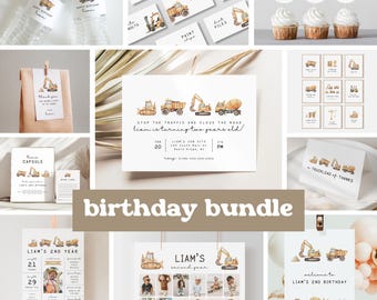 Construction Birthday Invitation Bundle, Minimalist Construction Trucks Boy Birthday Party Decor, Any Age, Editable Canva Template