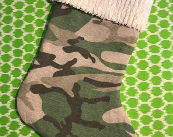 Blue and Black Camo Camouflage and Chenille Handmade Christmas Stocking FREE US SHIPPING
