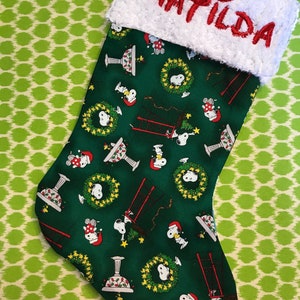 Holiday Snoopy & Woodstock on Dark Green and Chenille Handmade Christmas Stocking FREE US SHIPPING
