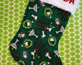 Holiday Snoopy & Woodstock on Dark Green and Chenille Handmade Christmas Stocking FREE US SHIPPING