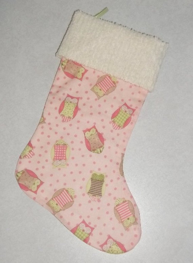 Sweet Pastel Owls on Pink and Chenille Handmade Christmas Stocking with FREE US SHIPPING