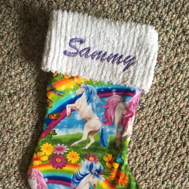 Unicorn and Rainbows and Chenille Handmade Christmas Stocking FREE U S SHIPPING LAST 1