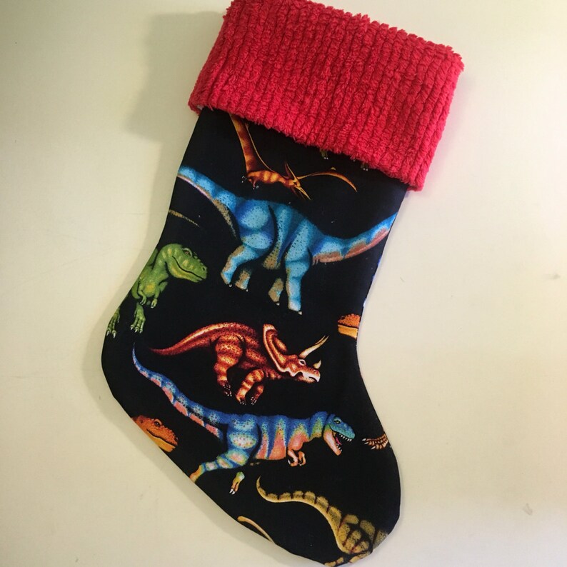 LAST 1 Colorful Dinosaur on Black and Chenille Handmade Christmas Stocking with FREE U S SHIPPING