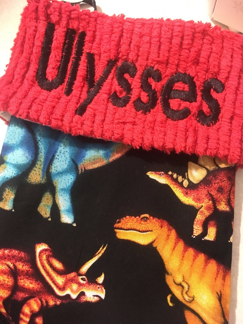 LAST 1 Colorful Dinosaur on Black and Chenille Handmade Christmas Stocking with FREE U S SHIPPING