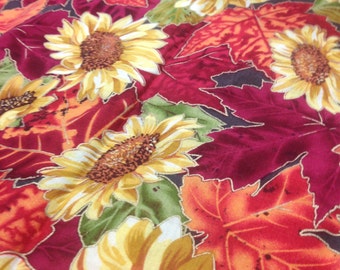 50% OFF Beautiful Autumn Sunflowers and Fall Leaves cotton fabric scrap / remnant 21" by 22" plus