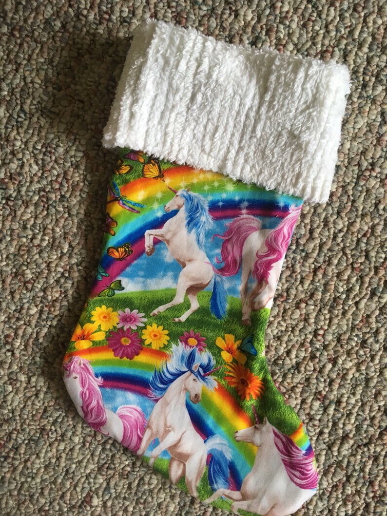 Unicorn and Rainbows and Chenille Handmade Christmas Stocking FREE U S SHIPPING LAST 1