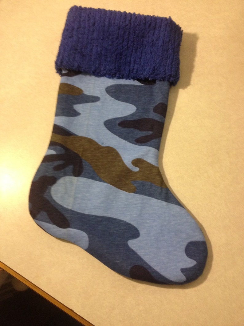 Blue and Black Camo Camouflage and Chenille Handmade Christmas Stocking FREE US SHIPPING